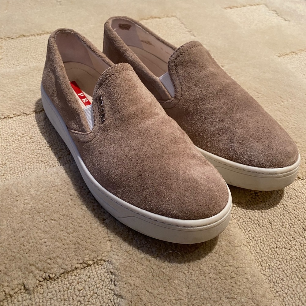Prada suede slip in sneaker, light taupe